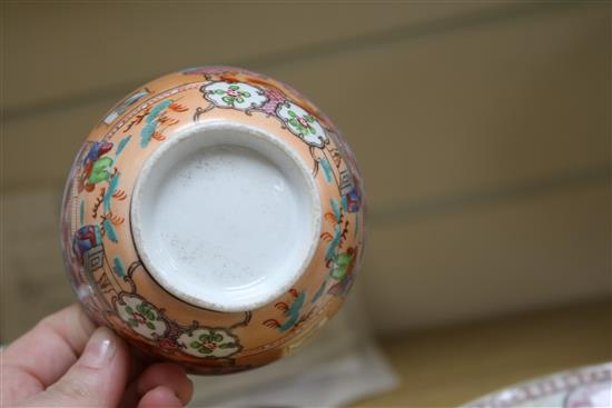 Three 18th century Chinese family rose tea bowls and two saucers, two other teabowls and three wood stands